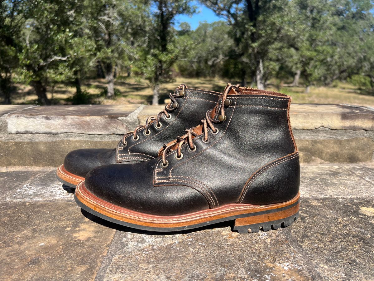 Photo by Grumpy on November 2, 2025 of the Truman Plain Toe Boot in Horween Java Waxed Flesh.