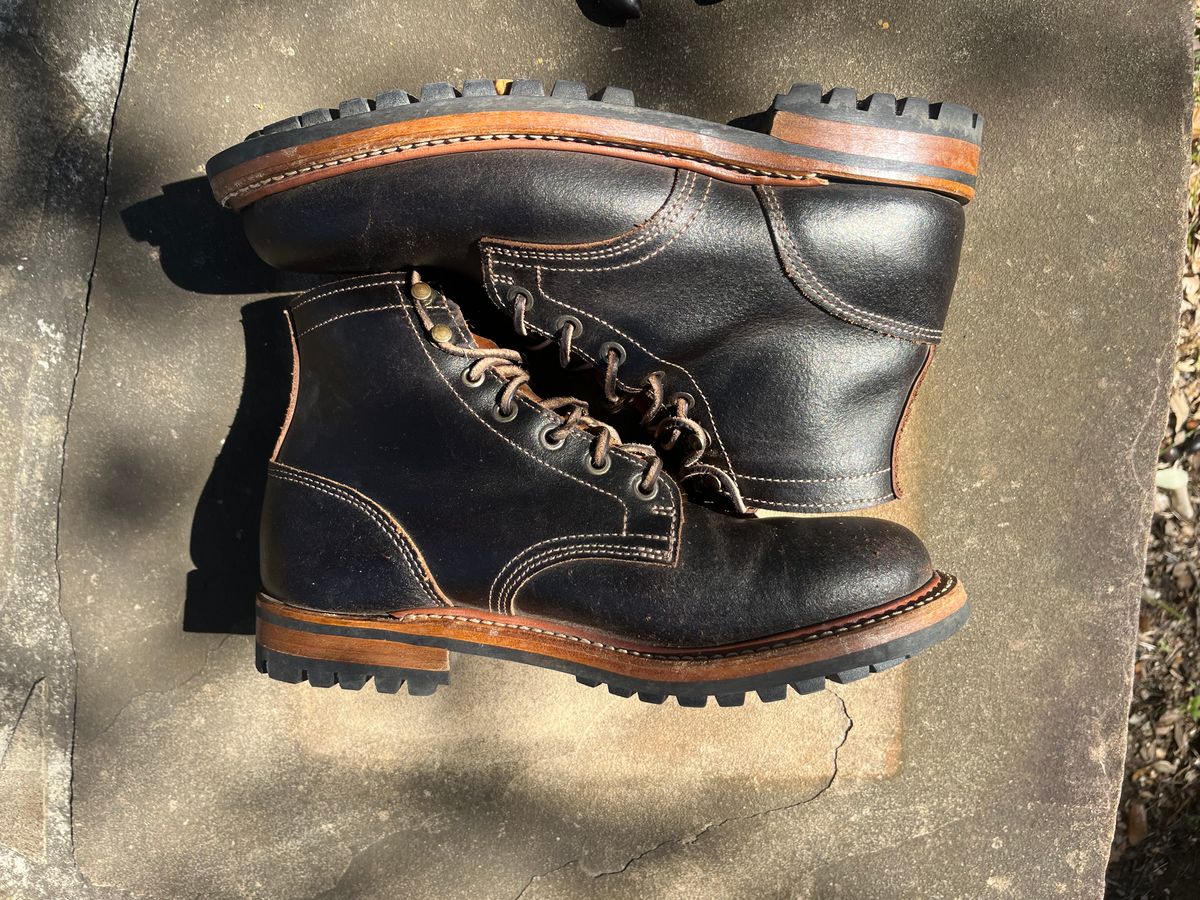 Photo by Grumpy on November 2, 2025 of the Truman Plain Toe Boot in Horween Java Waxed Flesh.