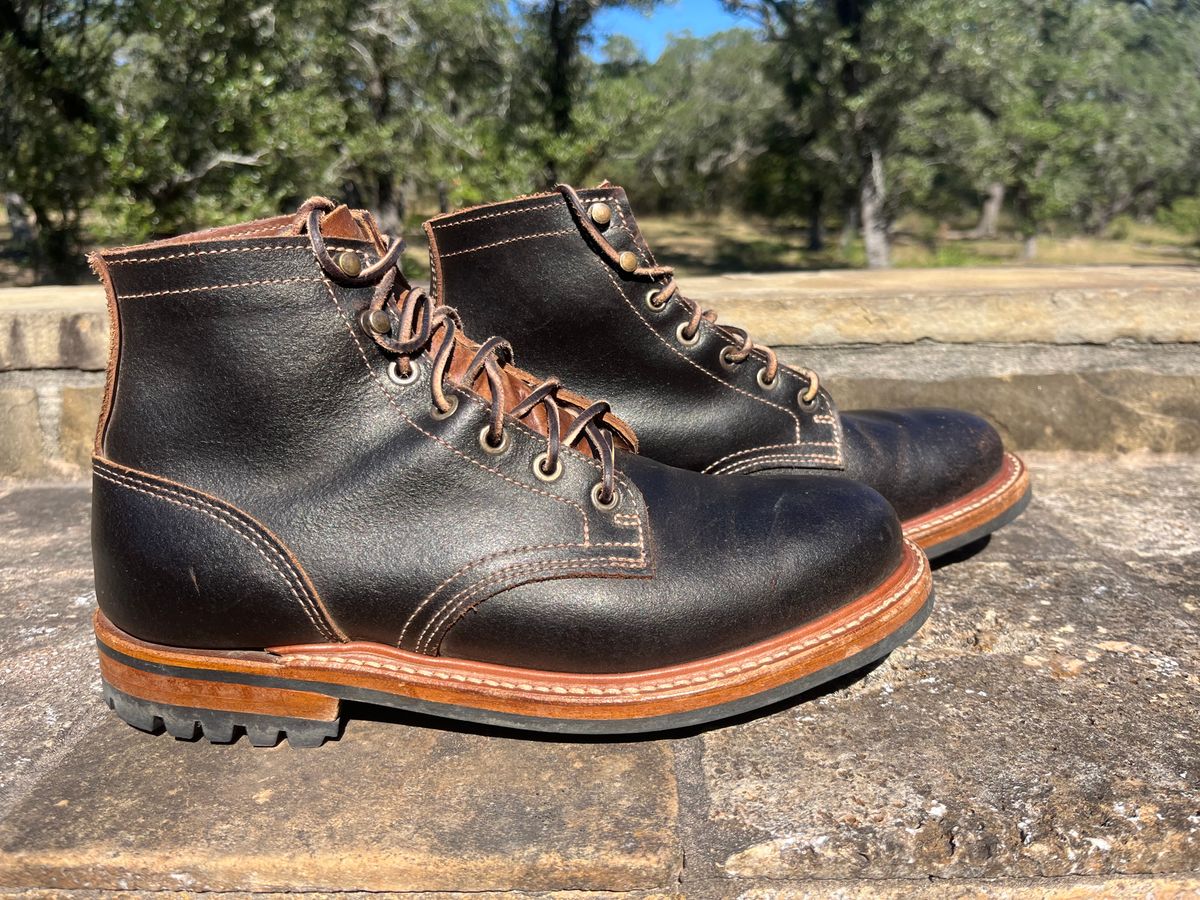 Photo by Grumpy on November 2, 2025 of the Truman Plain Toe Boot in Horween Java Waxed Flesh.