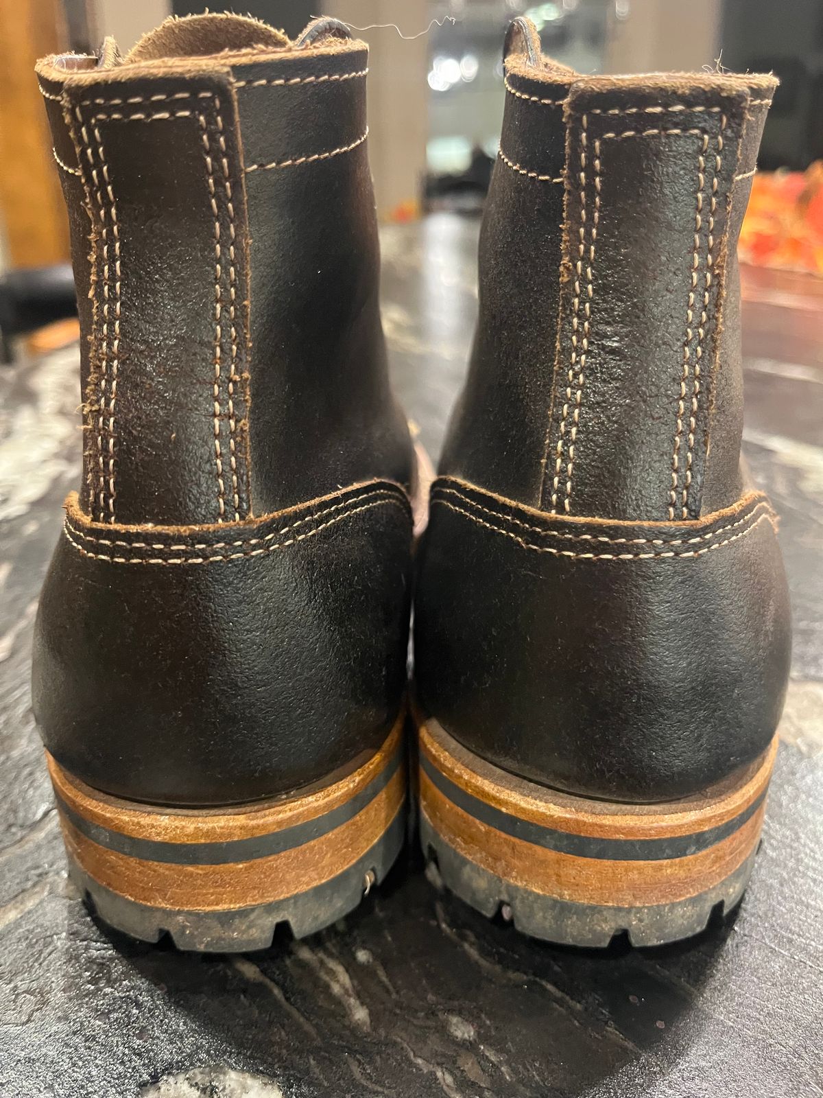 Photo by Grumpy on December 5, 2025 of the Truman Plain Toe Boot in Horween Java Waxed Flesh.