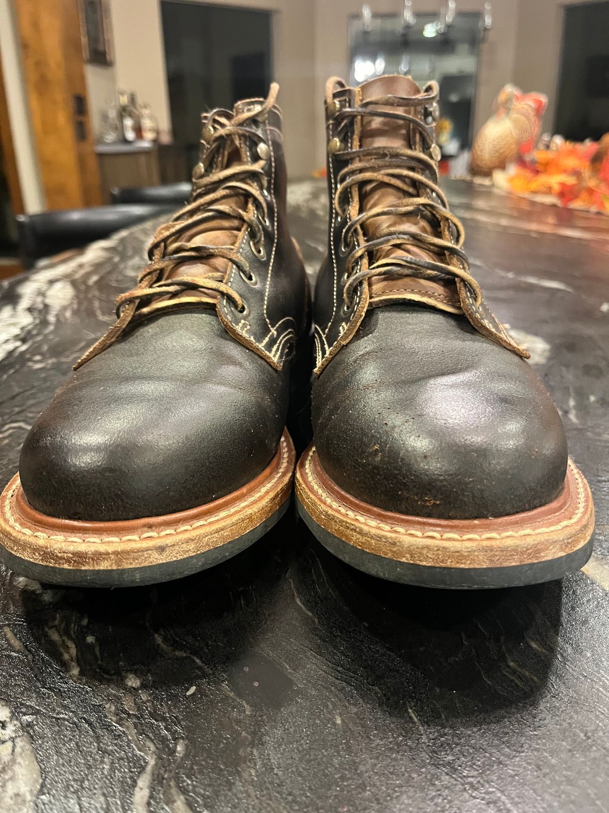 Photo by Grumpy on December 5, 2025 of the Truman Plain Toe Boot in Horween Java Waxed Flesh.