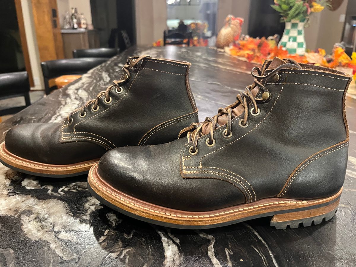 Photo by Grumpy on December 5, 2025 of the Truman Plain Toe Boot in Horween Java Waxed Flesh.