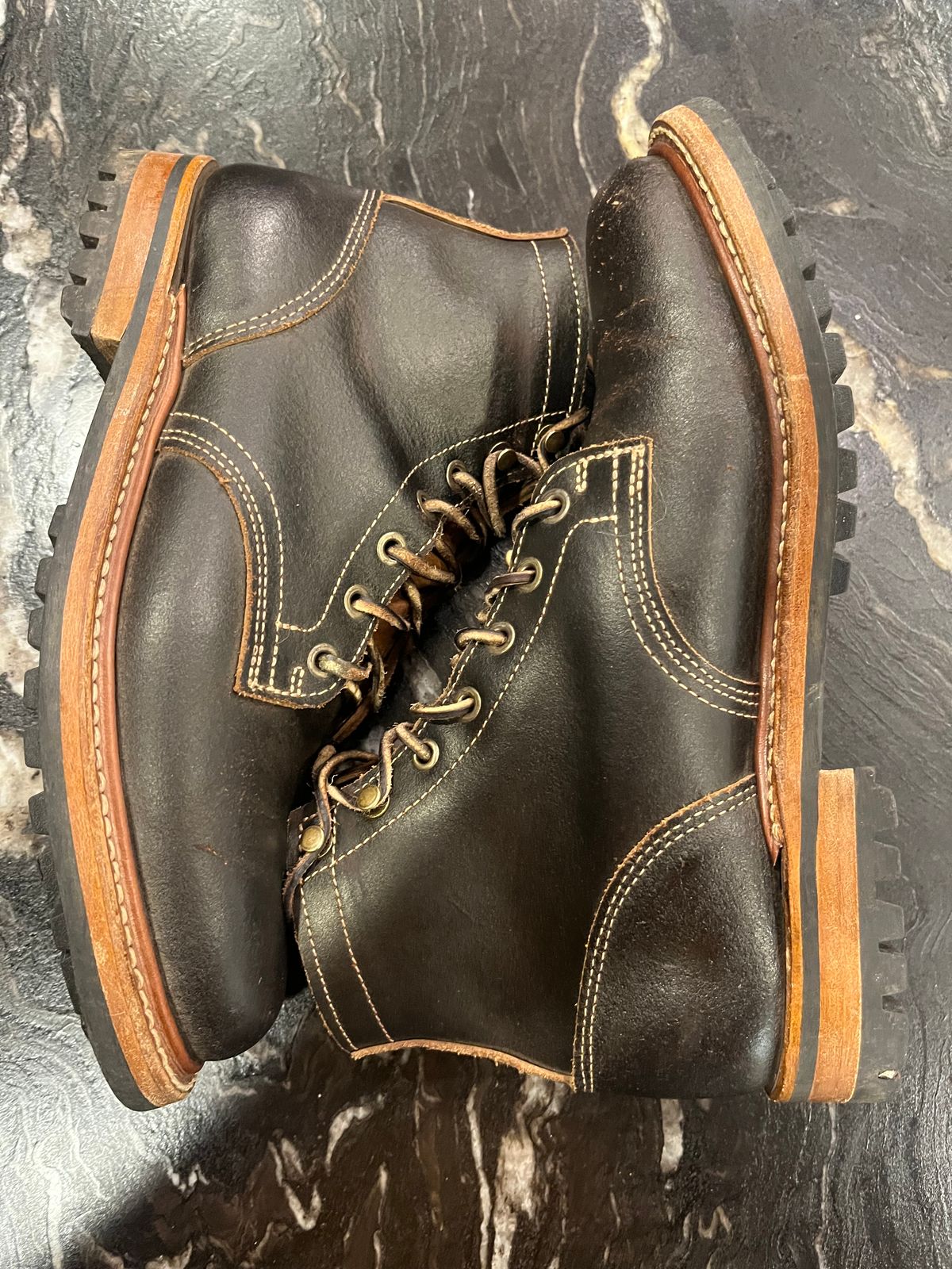 Photo by Grumpy on December 5, 2025 of the Truman Plain Toe Boot in Horween Java Waxed Flesh.