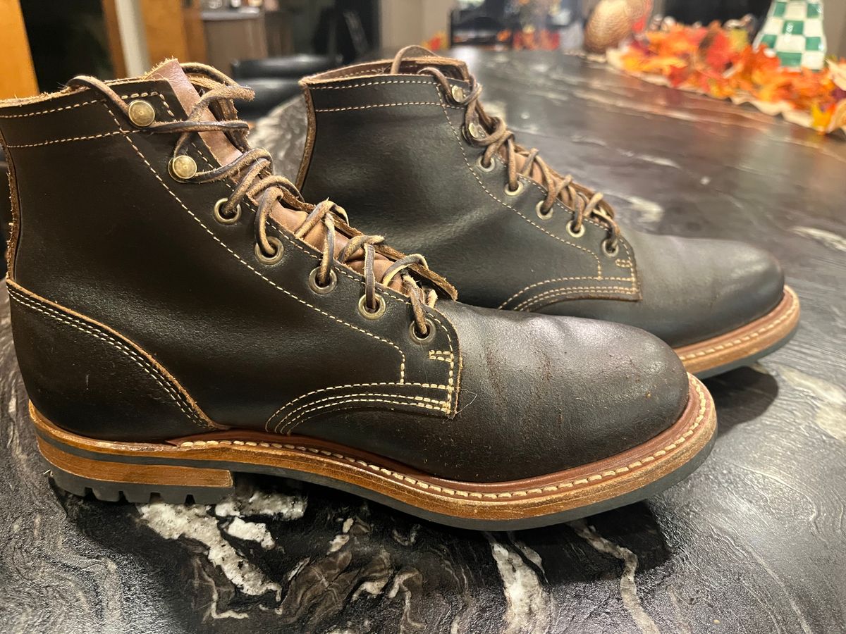 Photo by Grumpy on December 5, 2025 of the Truman Plain Toe Boot in Horween Java Waxed Flesh.