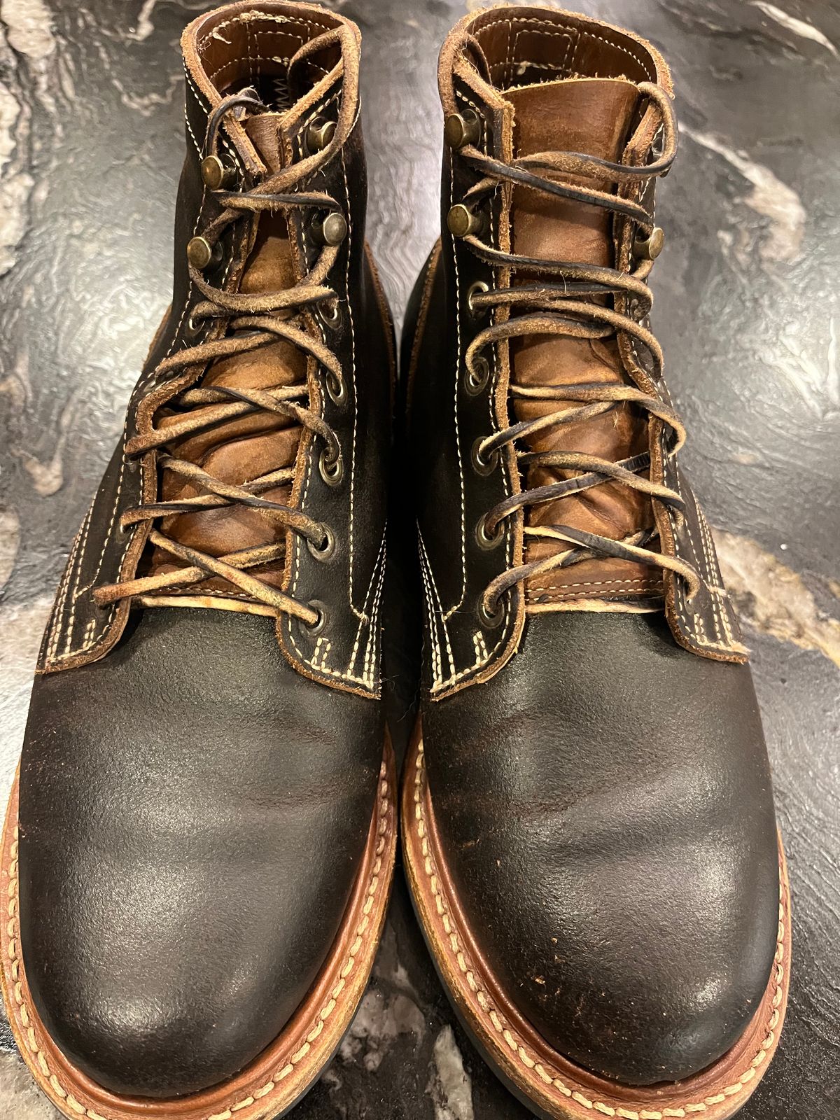 Photo by Grumpy on December 5, 2025 of the Truman Plain Toe Boot in Horween Java Waxed Flesh.
