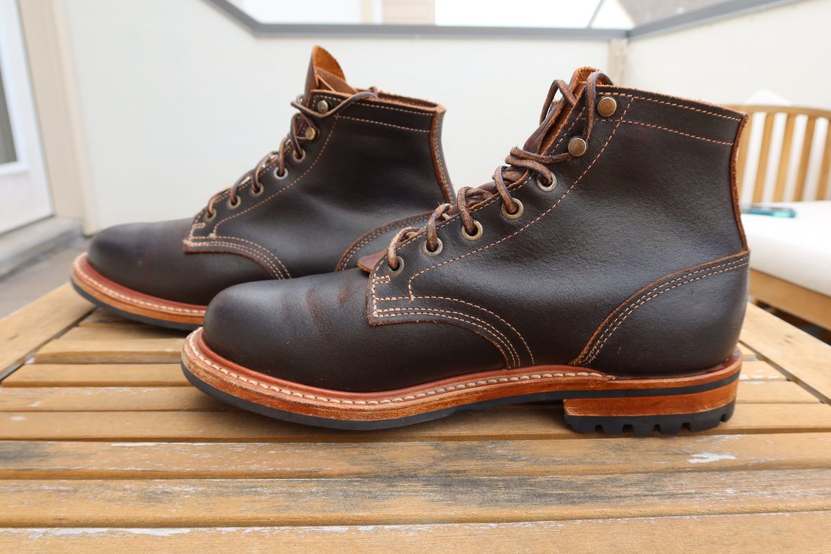 Photo by Grumpy on January 5, 2026 of the Truman Plain Toe Boot in Horween Java Waxed Flesh.