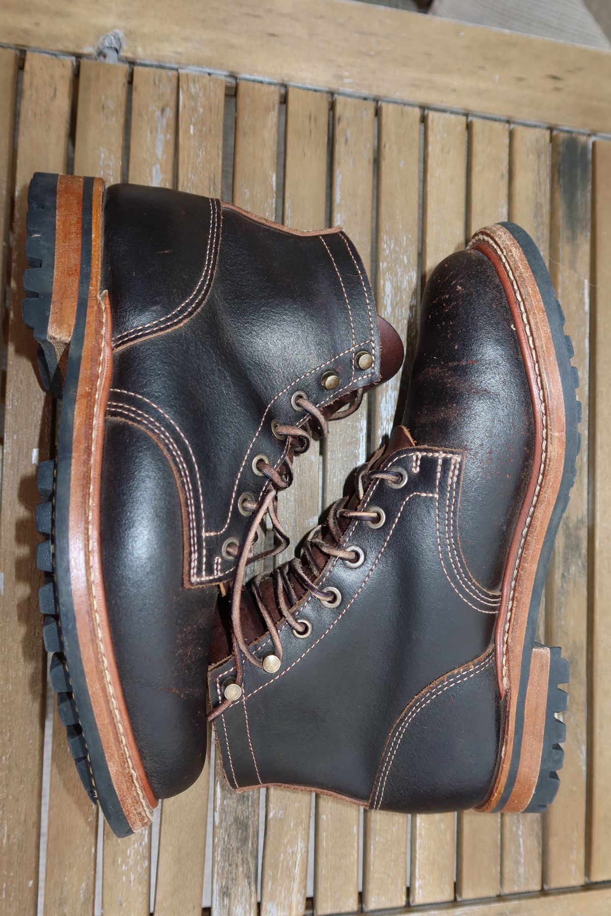 Photo by Grumpy on January 5, 2026 of the Truman Plain Toe Boot in Horween Java Waxed Flesh.