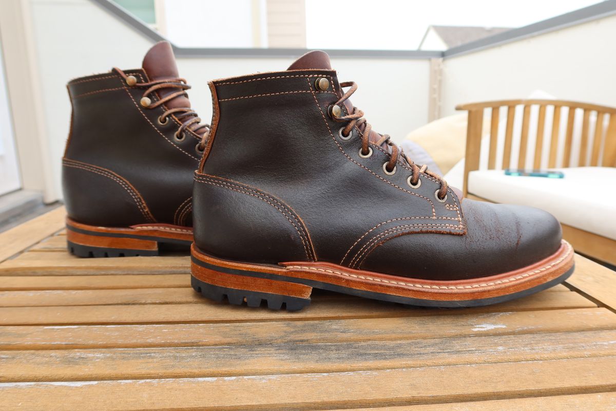 Photo by Grumpy on January 5, 2026 of the Truman Plain Toe Boot in Horween Java Waxed Flesh.