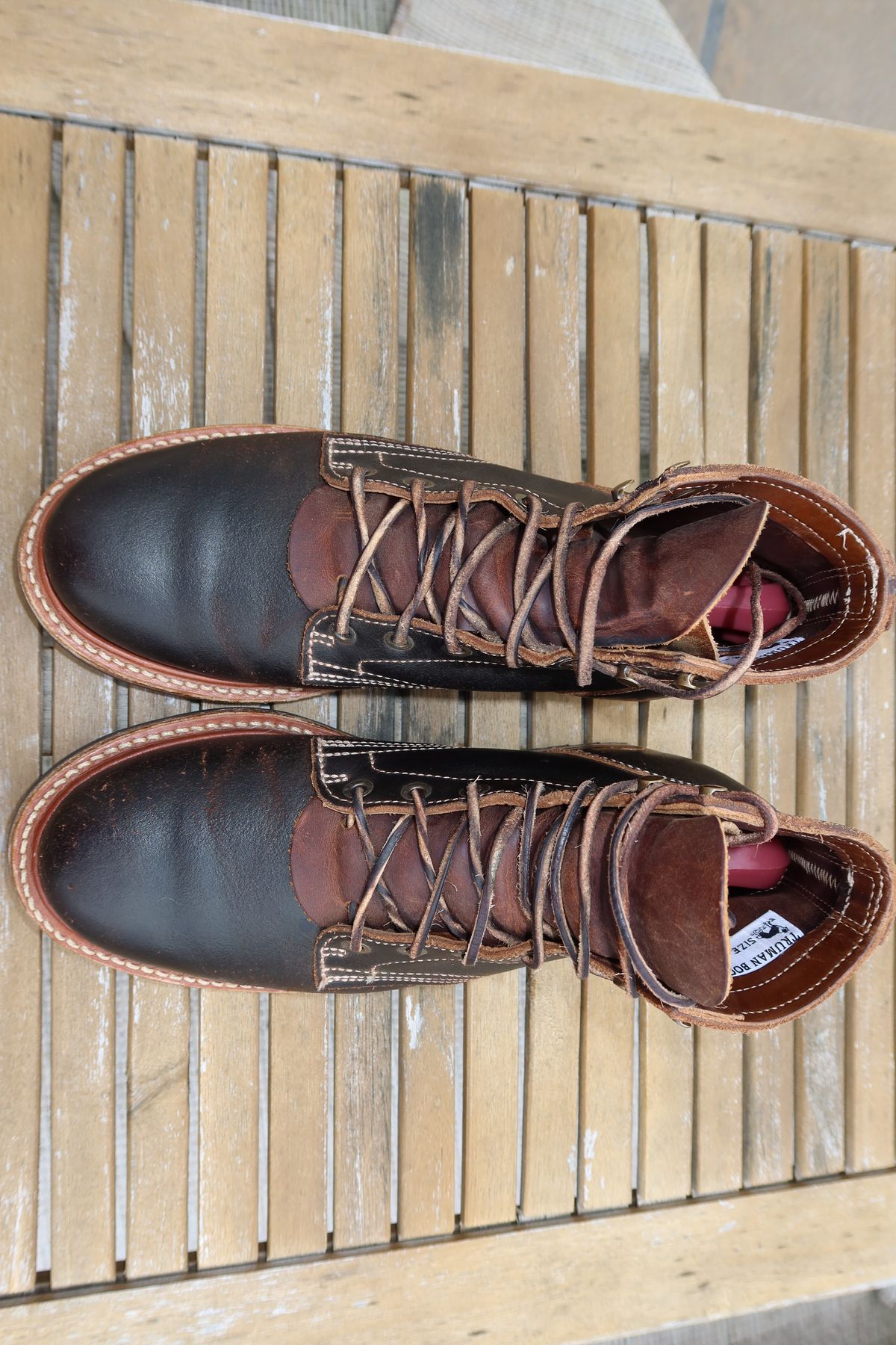 Photo by Grumpy on January 5, 2026 of the Truman Plain Toe Boot in Horween Java Waxed Flesh.