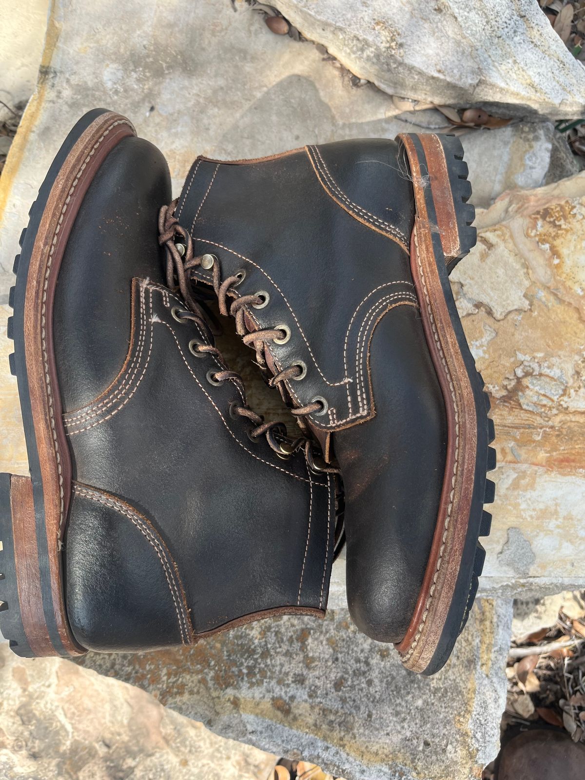 Photo by Grumpy on March 4, 2026 of the Truman Plain Toe Boot in Horween Java Waxed Flesh.