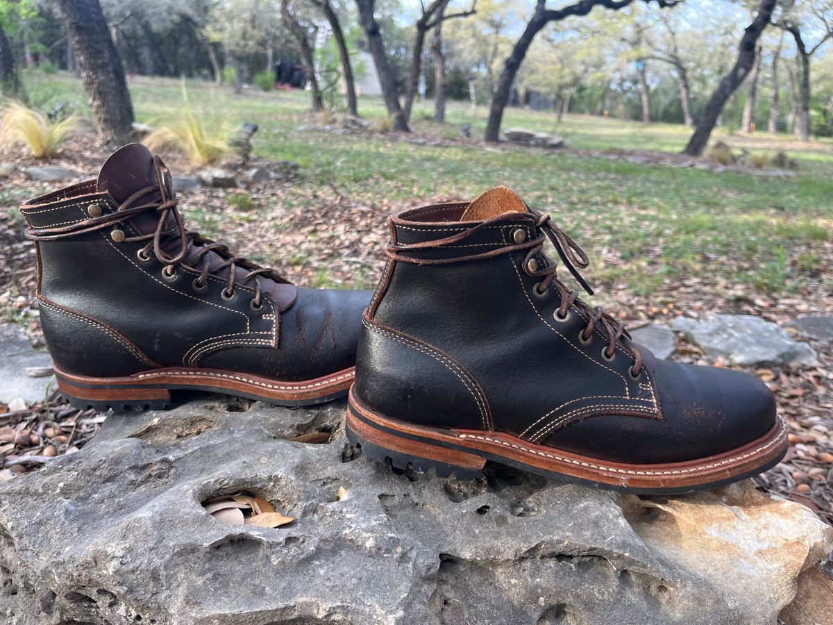 Photo by Grumpy on April 5, 2026 of the Truman Plain Toe Boot in Horween Java Waxed Flesh.