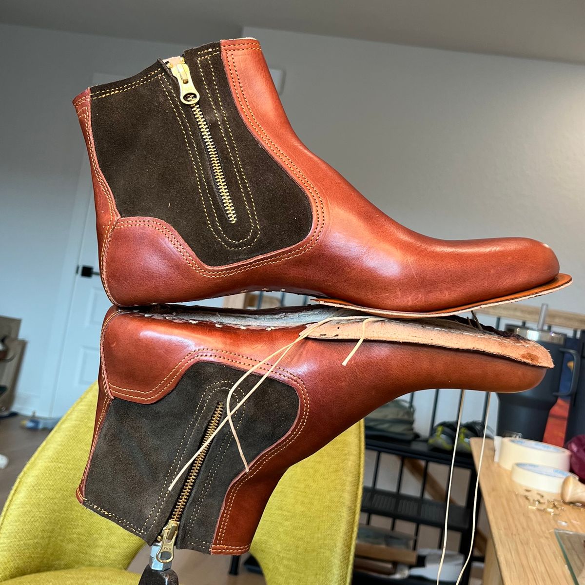 Photo by kitchen.table.boots on September 1, 2024 of the Self-Made Zip Boot in S.B Foot - Unknown & C.F. Stead Loden Repello Calf Suede.
