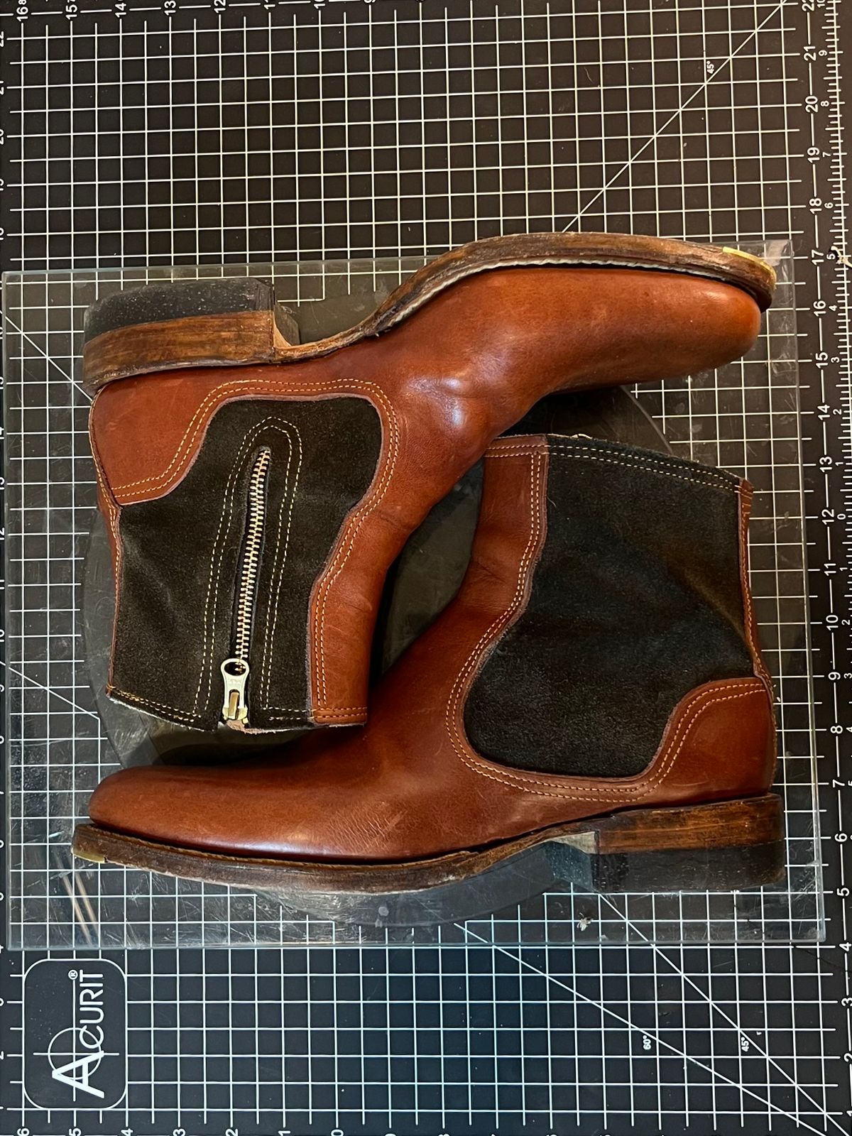 Photo by kitchen.table.boots on December 5, 2024 of the Self-Made Zip Boot in S.B Foot - Unknown & C.F. Stead Loden Repello Calf Suede.