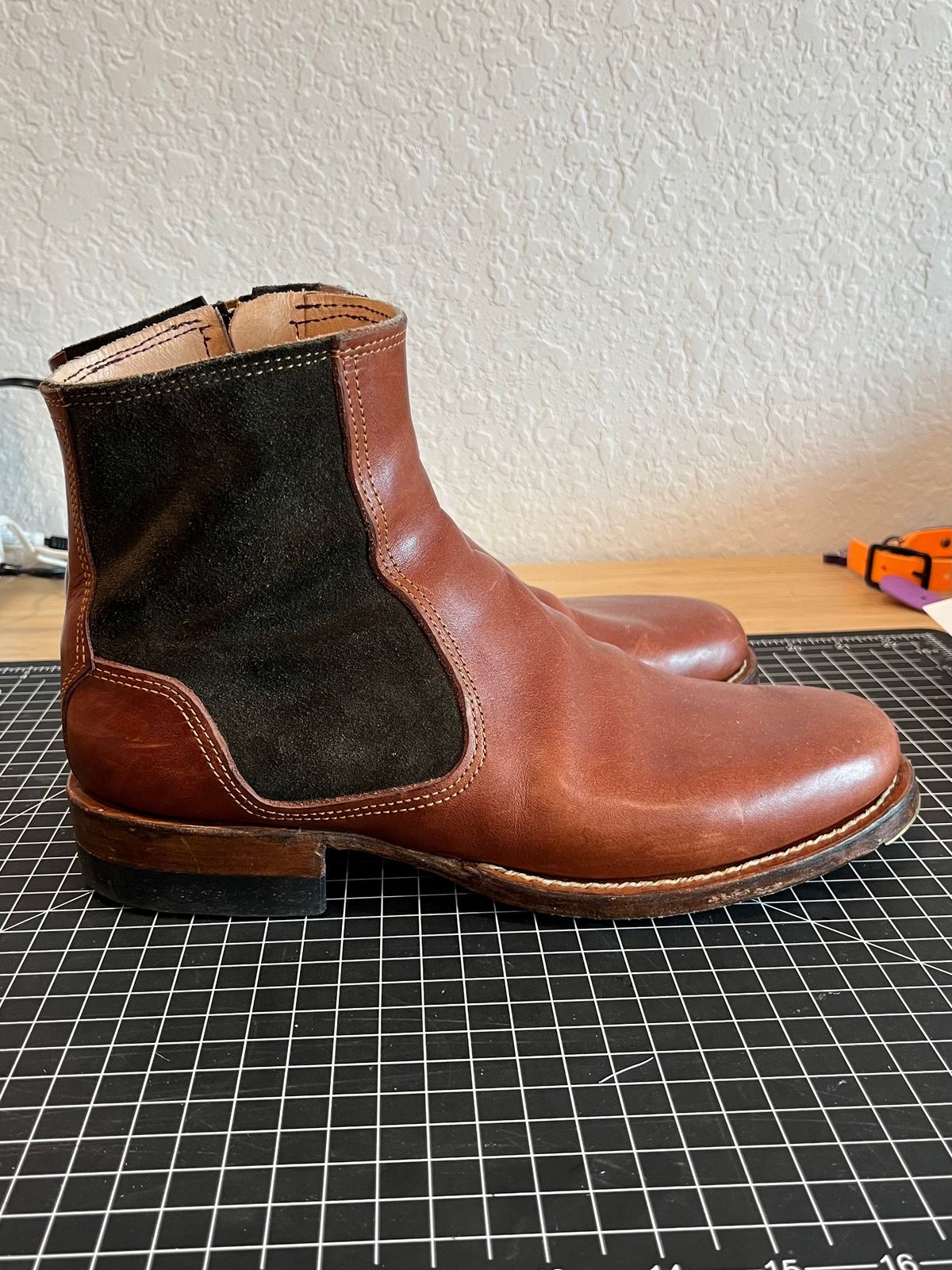 Photo by kitchen.table.boots on March 3, 2025 of the Self-Made Zip Boot in S.B Foot - Unknown & C.F. Stead Loden Repello Calf Suede.