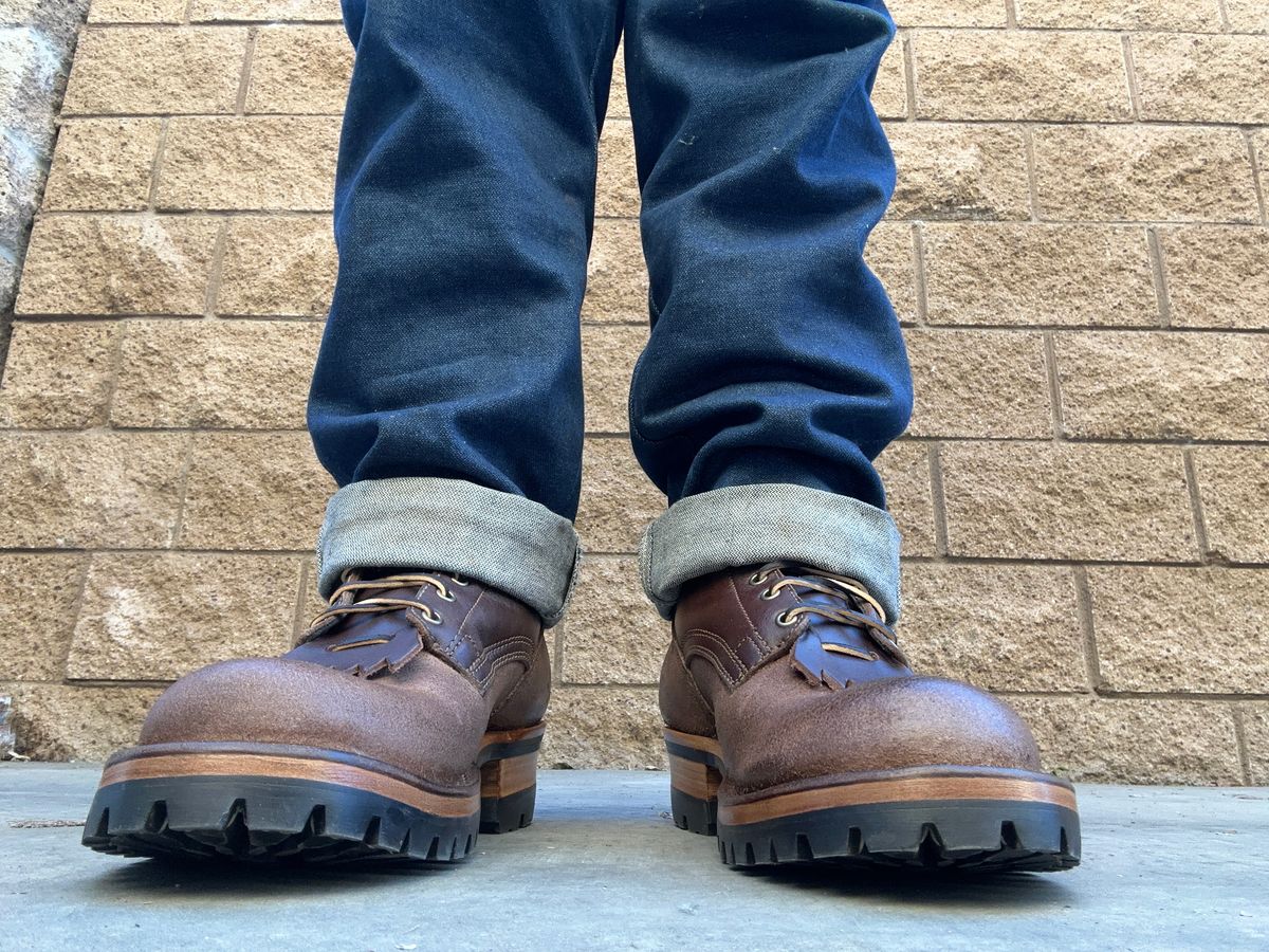 Photo by chriscanecoffee on December 6, 2024 of the Drew's Boots 8-Inch Logger in Brown Roughout.