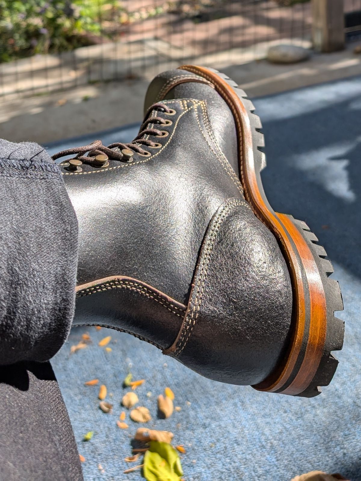 Photo by Cellardoor on November 5, 2024 of the Truman Cap Toe Boot in Horween Black Waxed Flesh.
