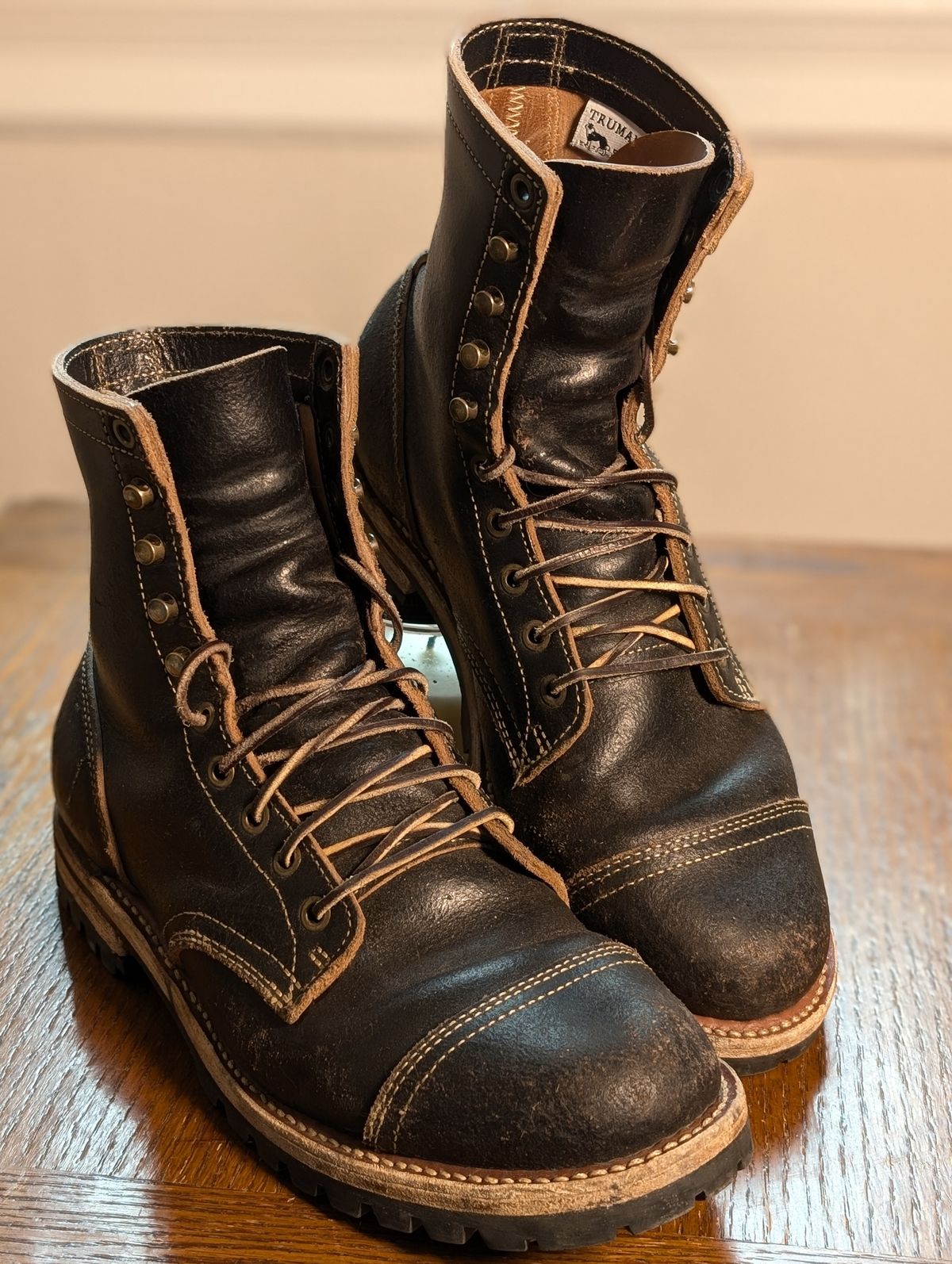 Photo by Cellardoor on March 4, 2025 of the Truman Cap Toe Boot in Horween Black Waxed Flesh.