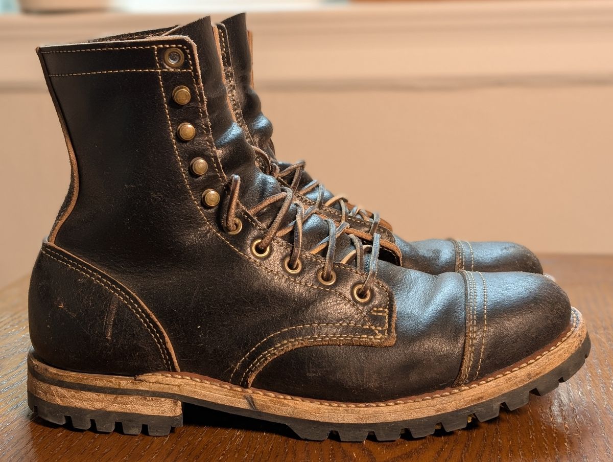Photo by Cellardoor on March 4, 2025 of the Truman Cap Toe Boot in Horween Black Waxed Flesh.