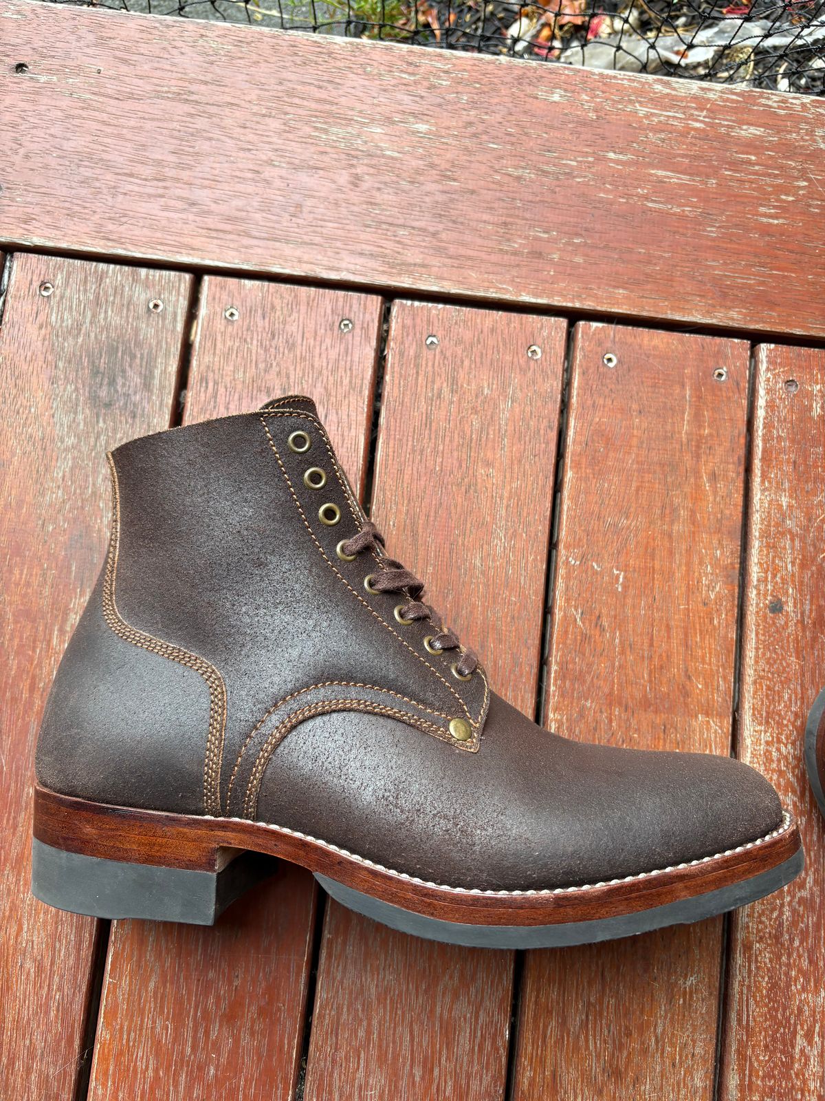 Photo by HarryF on December 6, 2025 of the Kiattoko Boondockers in J&FJ Baker Brown Waxed Flesh.