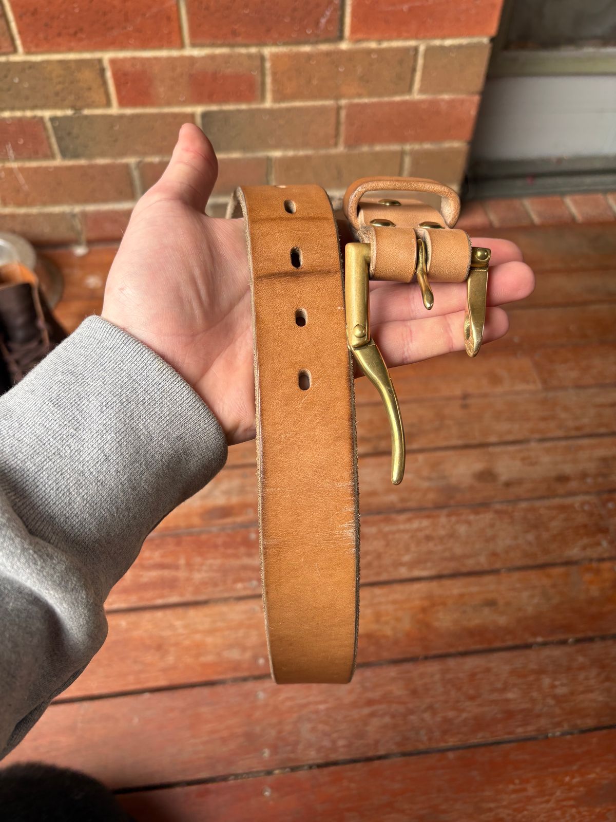 Photo by HarryF on December 6, 2025 of the Carmine Jack Leather Quick Release Shipyard Belt in J&FJ Baker Natural Oak Bark Tanned Harness.