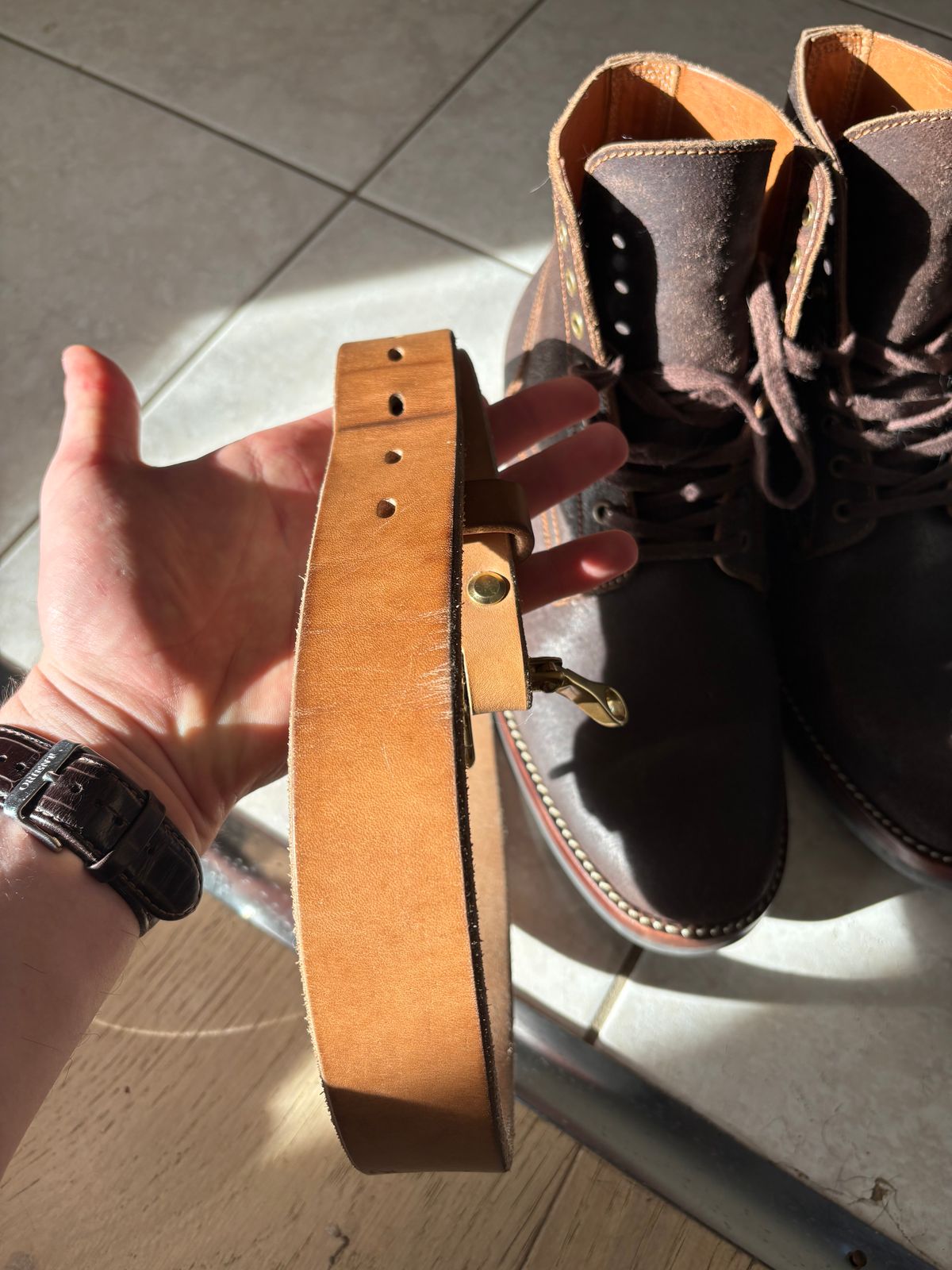 Photo by HarryF on January 5, 2026 of the Carmine Jack Leather Quick Release Shipyard Belt in J&FJ Baker Natural Oak Bark Tanned Harness.