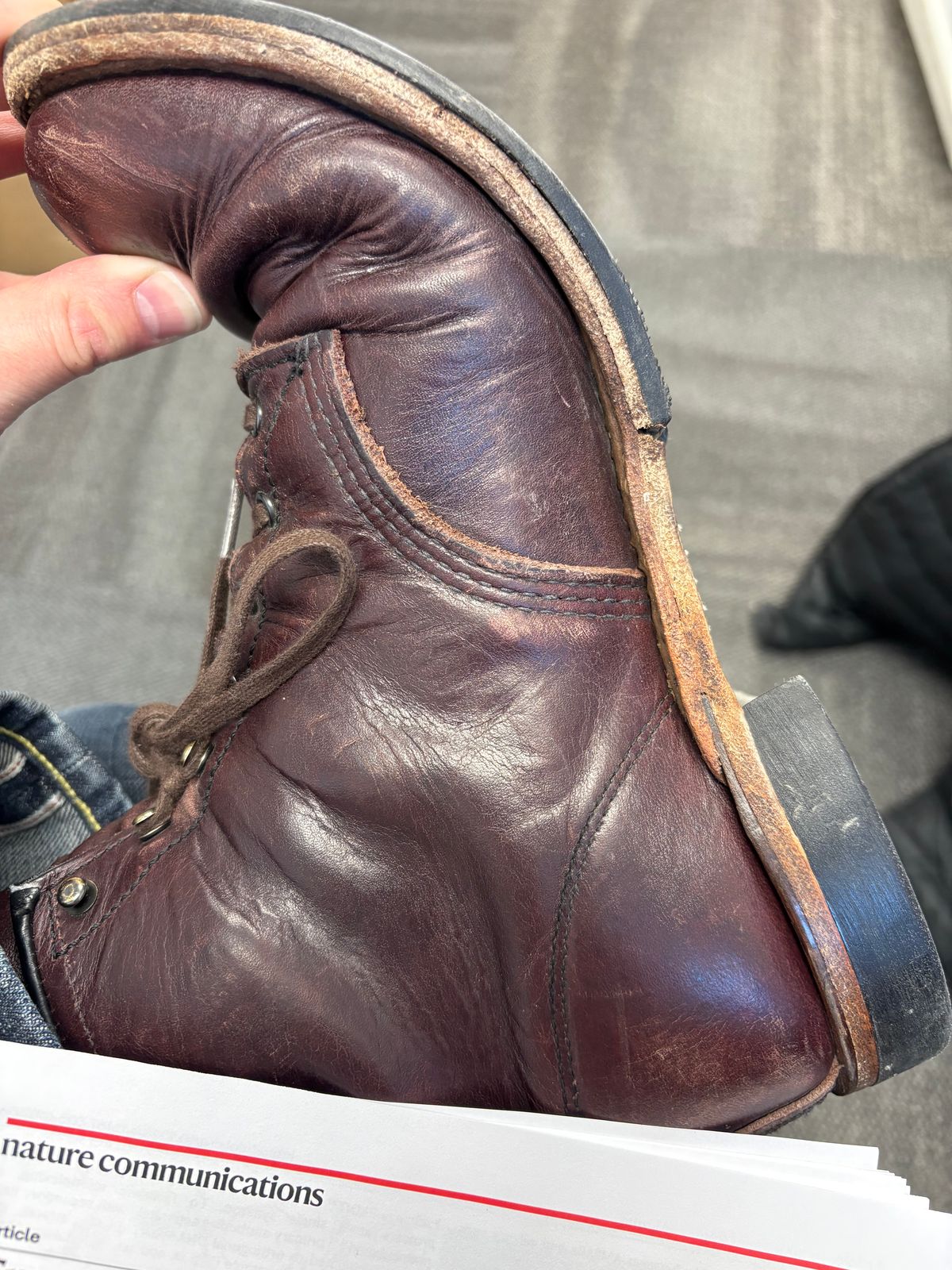 Photo by Shrimpy_grits on April 9, 2026 of the Red Wing Beckman in S.B. Foot Black Cherry Excalibur.