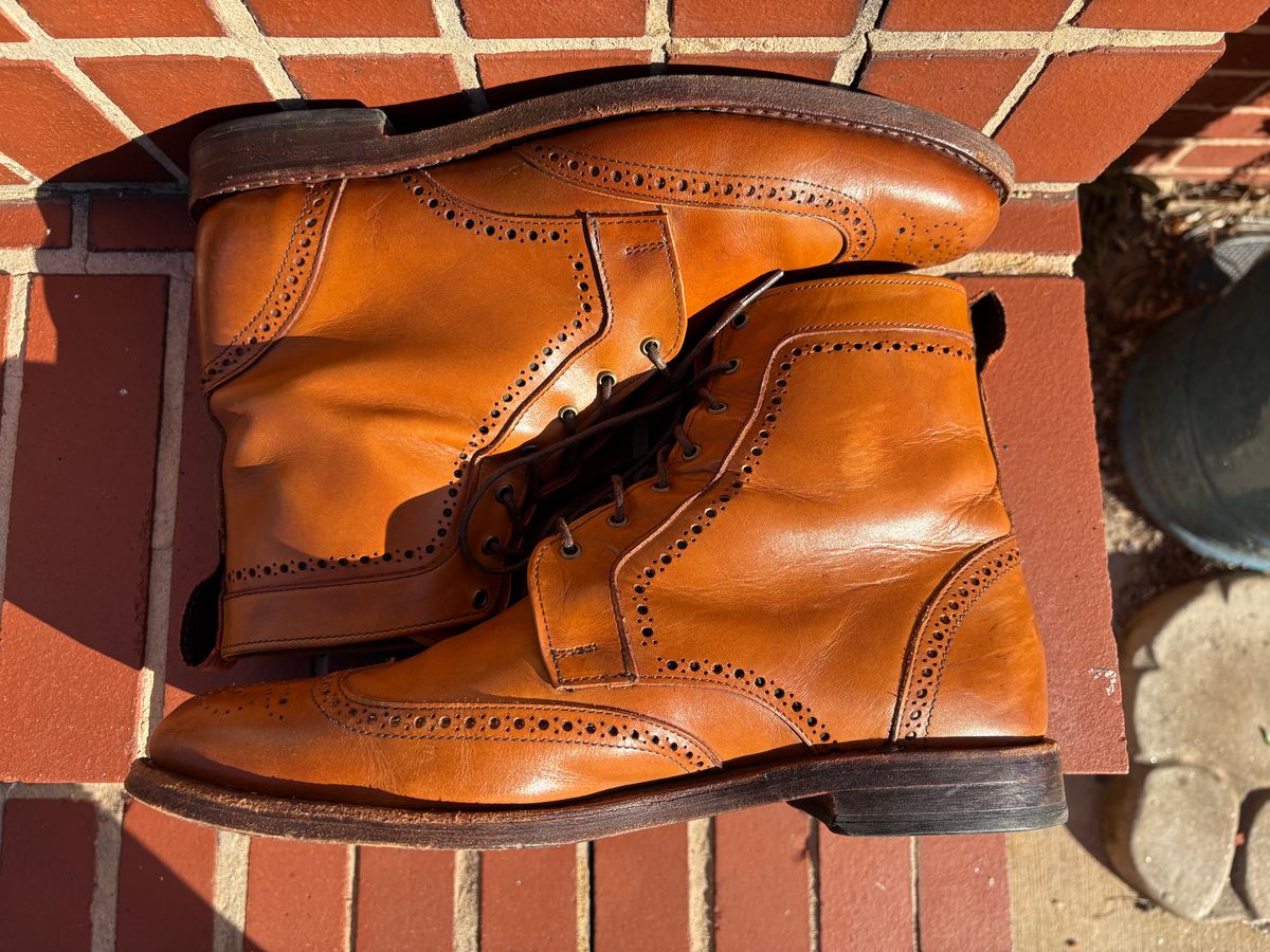 Photo by olorin on October 5, 2025 of the Allen Edmonds Dalton Wingtip Dress Boot in Walnut Calfskin.