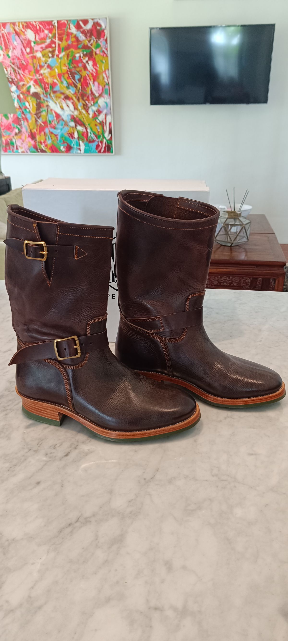 Photo by jimbobali on September 8, 2025 of the Imperium Footwear Beast Engineer Boots in Indonesian Dark Brown Pull Up.