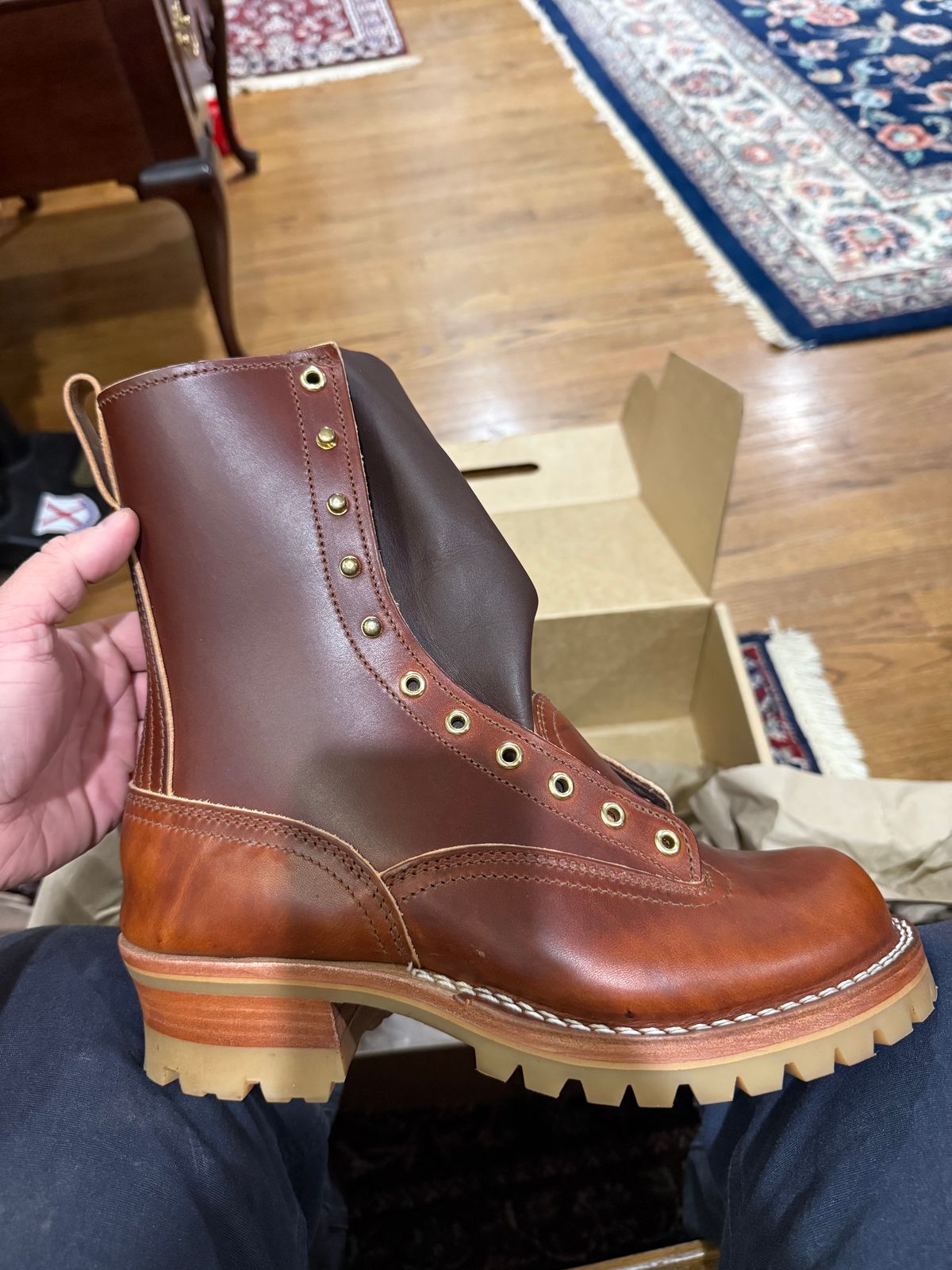 Photo by twilson_vtwin on August 20, 2025 of the Nicks Lace to Toe Work in Wickett & Craig Tan Oiled Latigo.