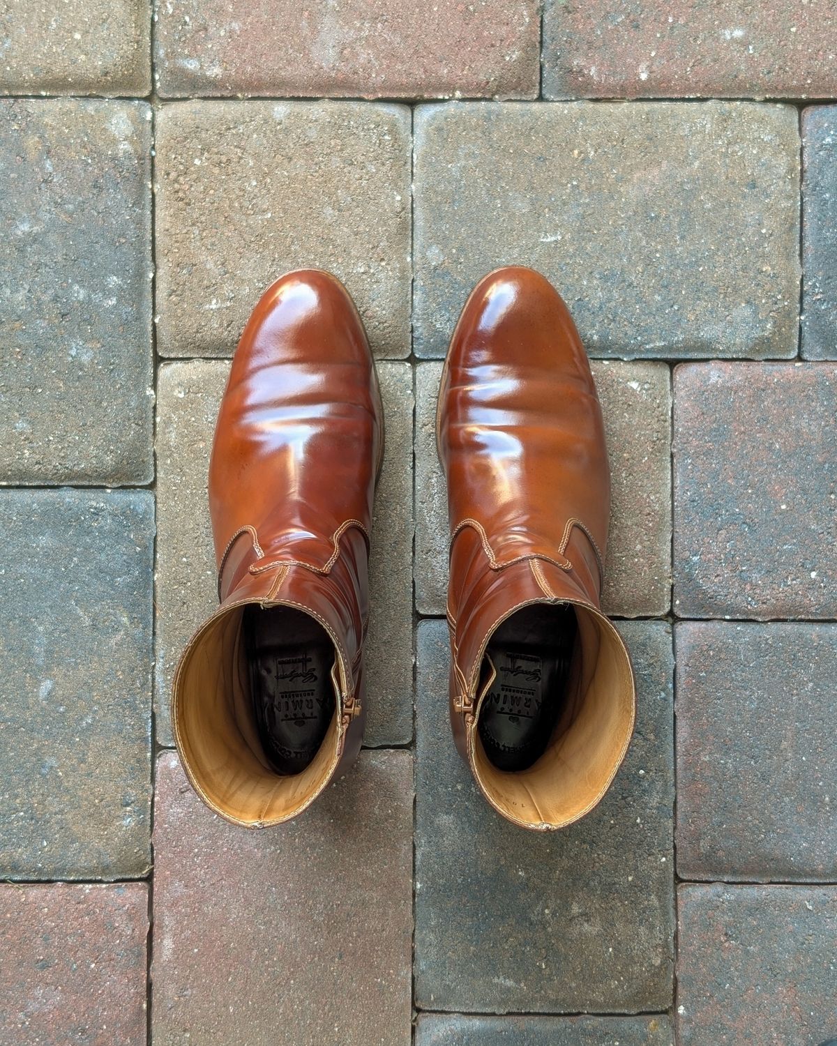 Photo by nikolanottesla on August 13, 2025 of the Carmina Zip Boots in Horween Bourbon Shell Cordovan.