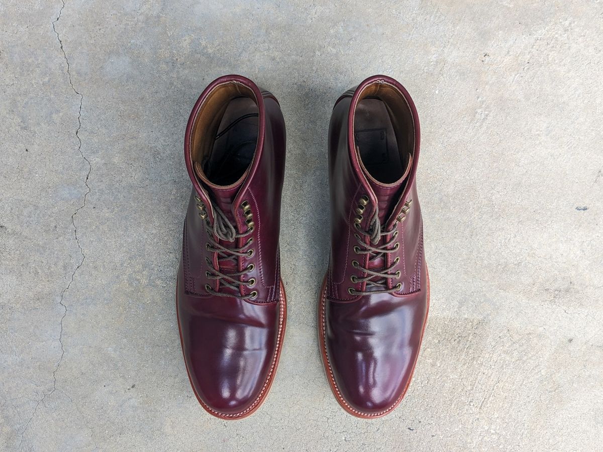 Photo by nikolanottesla on March 4, 2023 of the XBXS Derby Boots in Horween Ultraviolet Shell Cordovan.