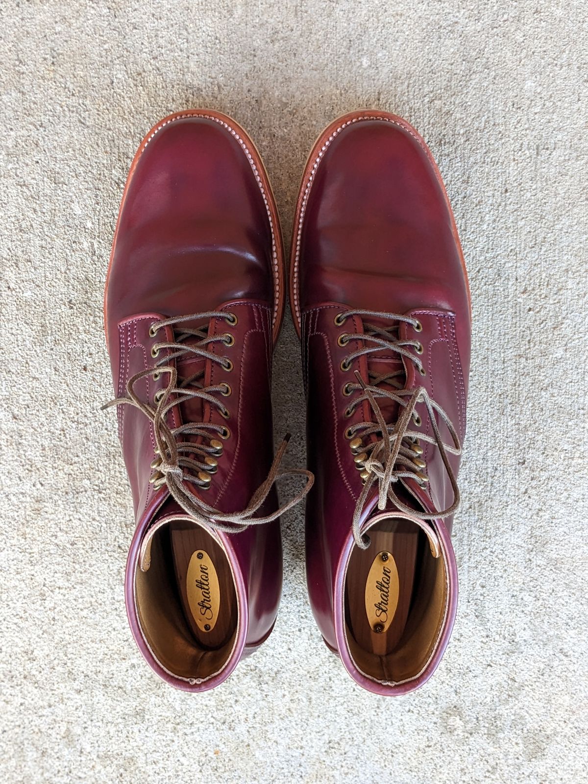 Photo by nikolanottesla on February 4, 2023 of the XBXS Derby Boots in Horween Ultraviolet Shell Cordovan.