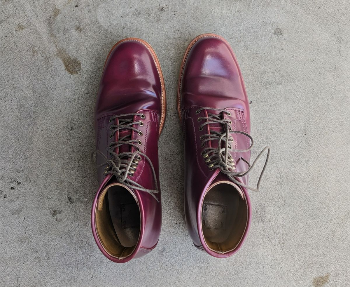 Photo by nikolanottesla on December 4, 2022 of the XBXS Derby Boots in Horween Ultraviolet Shell Cordovan.