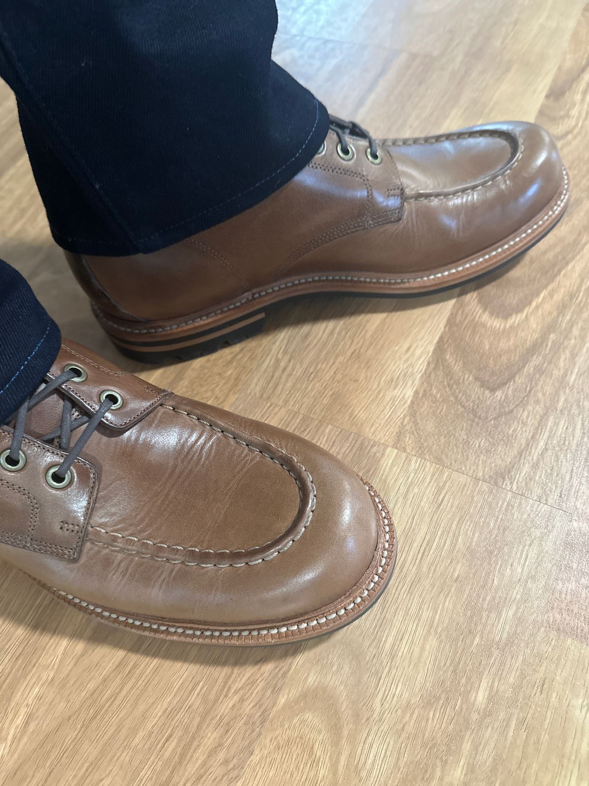 Photo by Hammer on February 4, 2024 of the Grant Stone Brass Boot in Horween Dune Chromexcel.