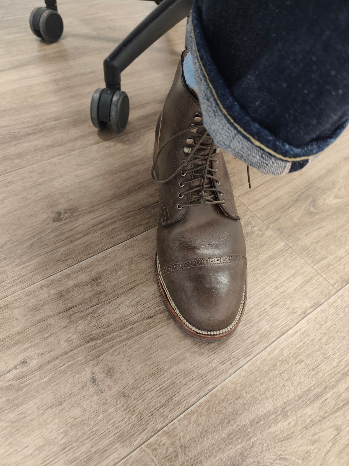 Photo by olgi on October 7, 2025 of the Viberg Service Boot in Maryam Moss Horsebutt.
