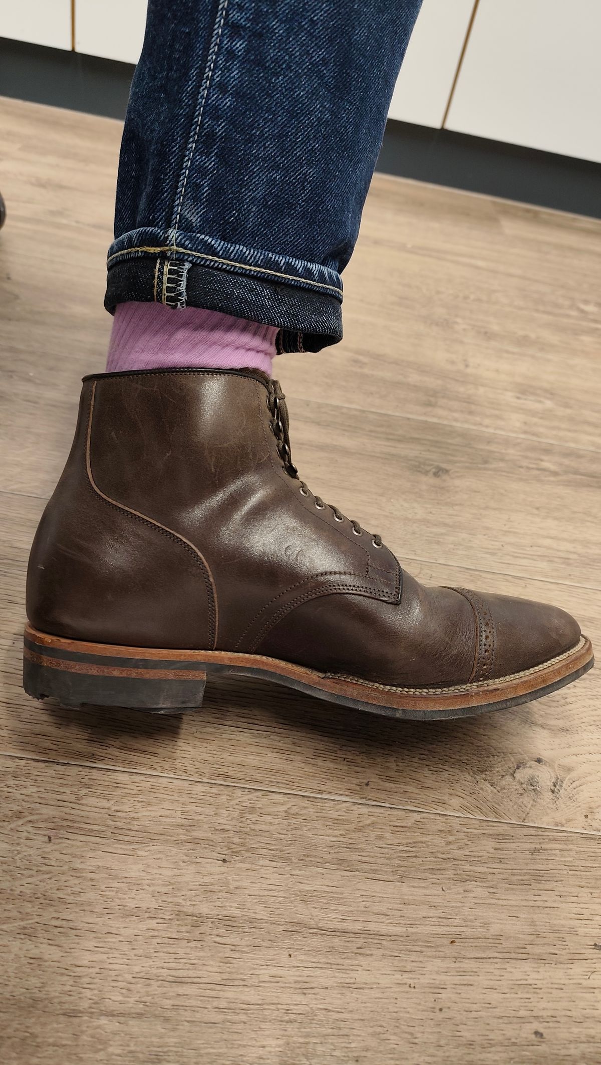 Photo by olgi on November 11, 2025 of the Viberg Service Boot in Maryam Moss Horsebutt.