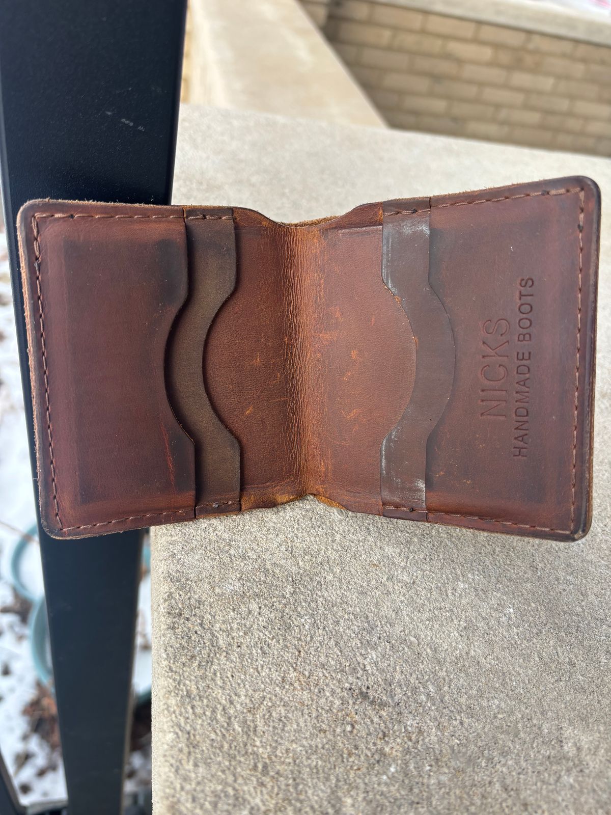 Photo by ZFitzGolf on January 4, 2026 of the Nicks Billfold in Horween Orange Predator.