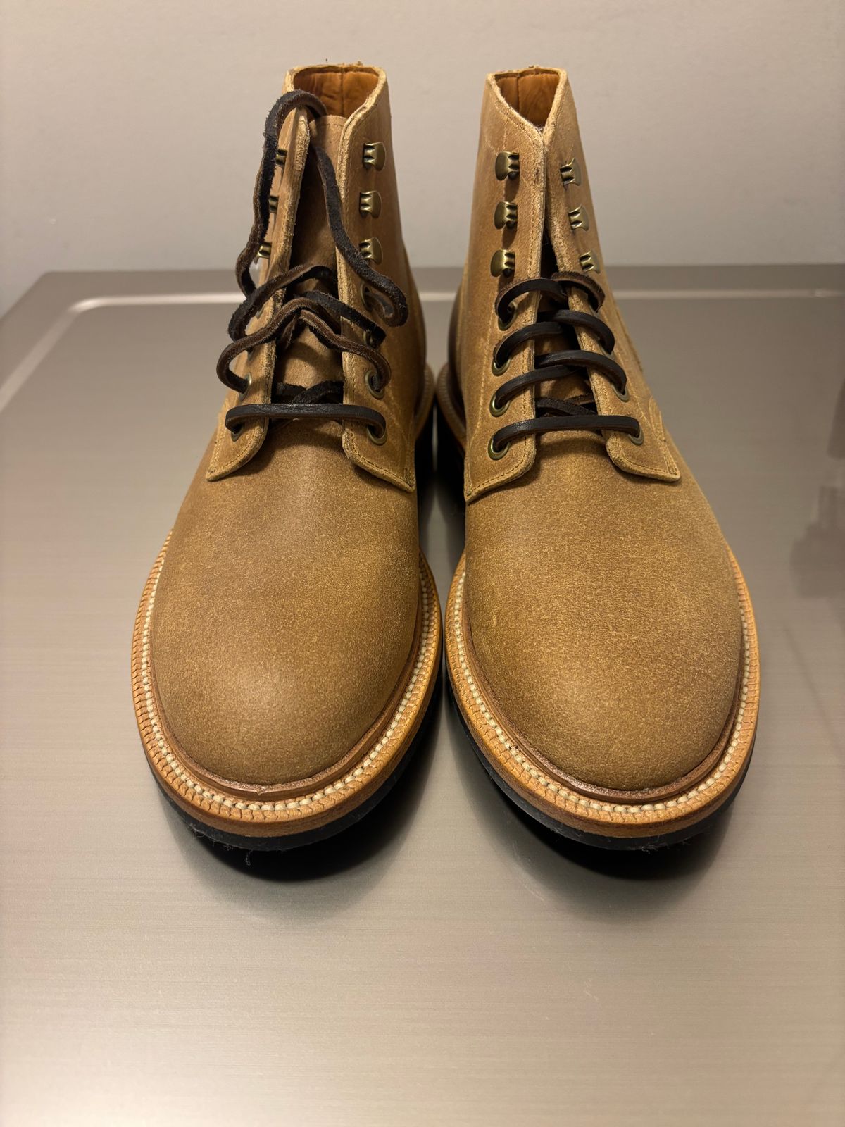 Photo by ZFitzGolf on December 3, 2025 of the Grant Stone Diesel Boot in C.F. Stead Natural Waxy Commander Suede.