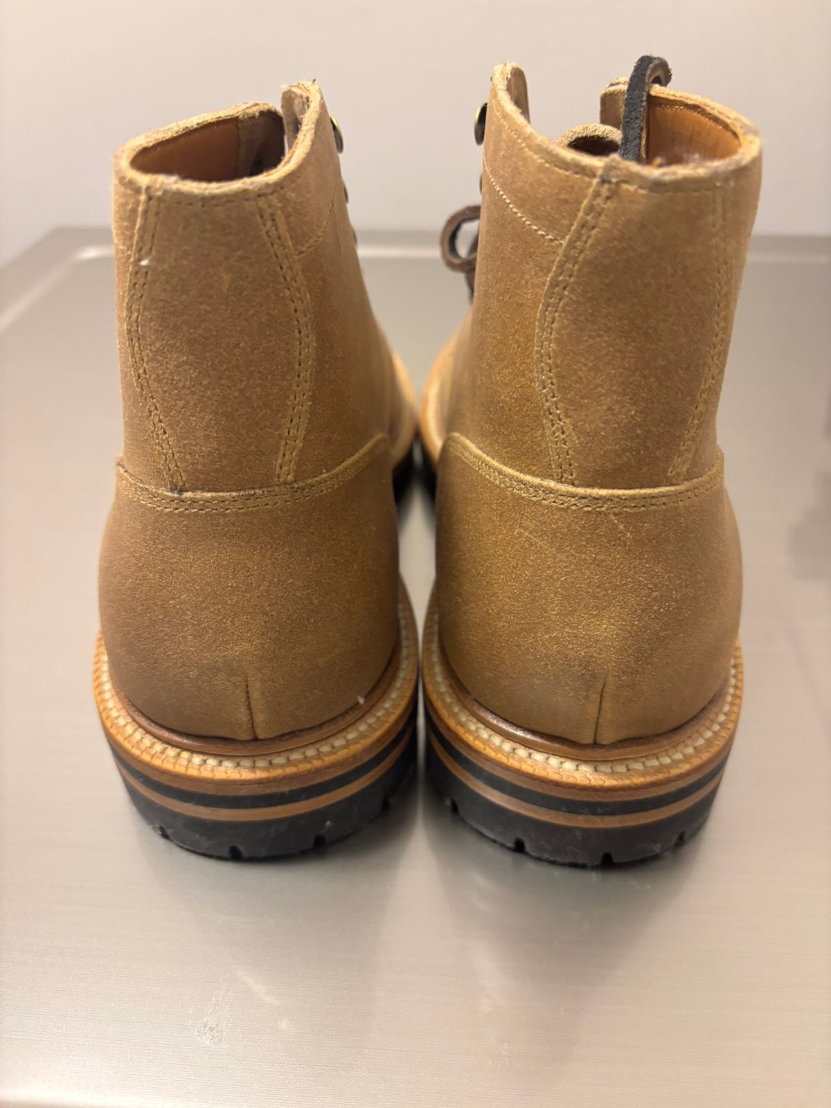 Photo by ZFitzGolf on December 3, 2025 of the Grant Stone Diesel Boot in C.F. Stead Natural Waxy Commander Suede.