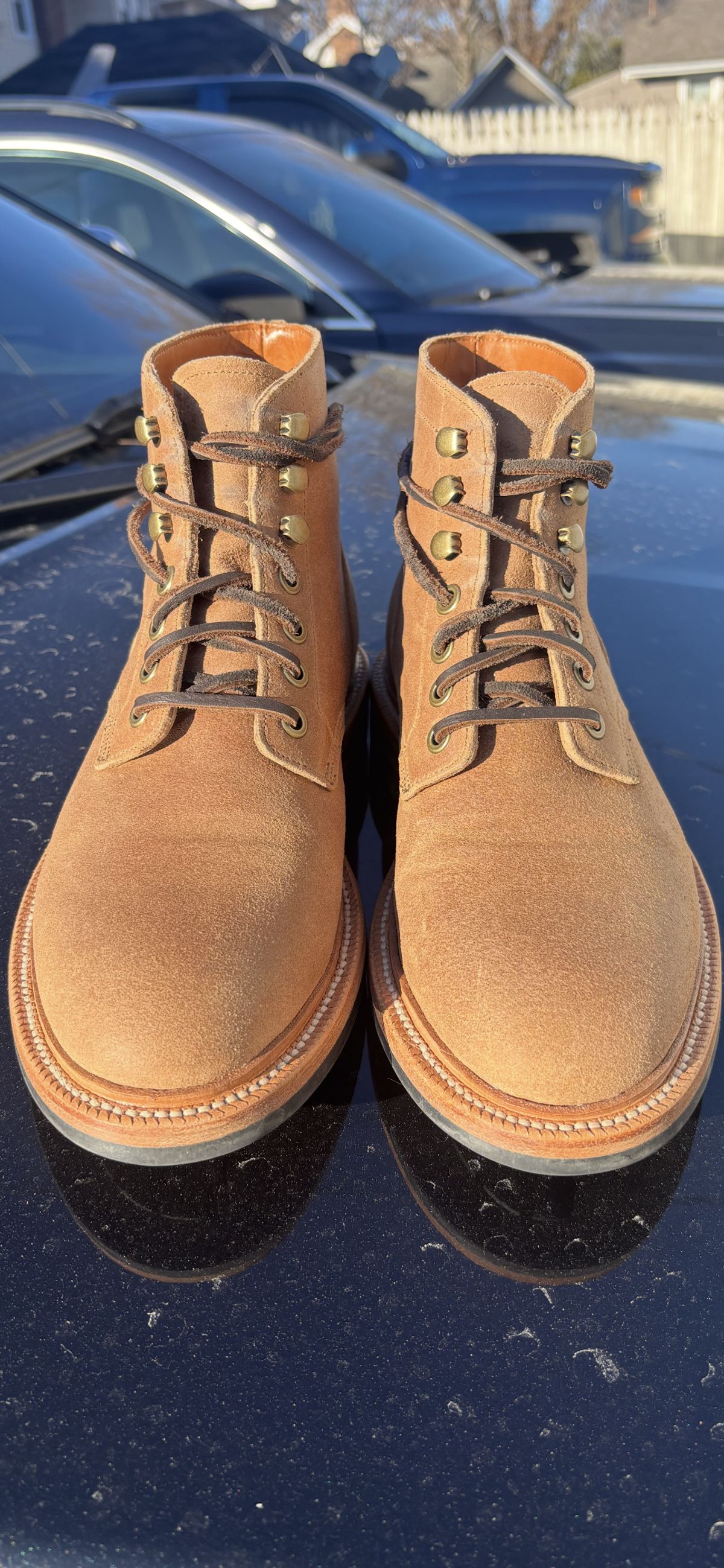 Photo by ZFitzGolf on December 21, 2025 of the Grant Stone Diesel Boot in C.F. Stead Natural Waxy Commander Suede.