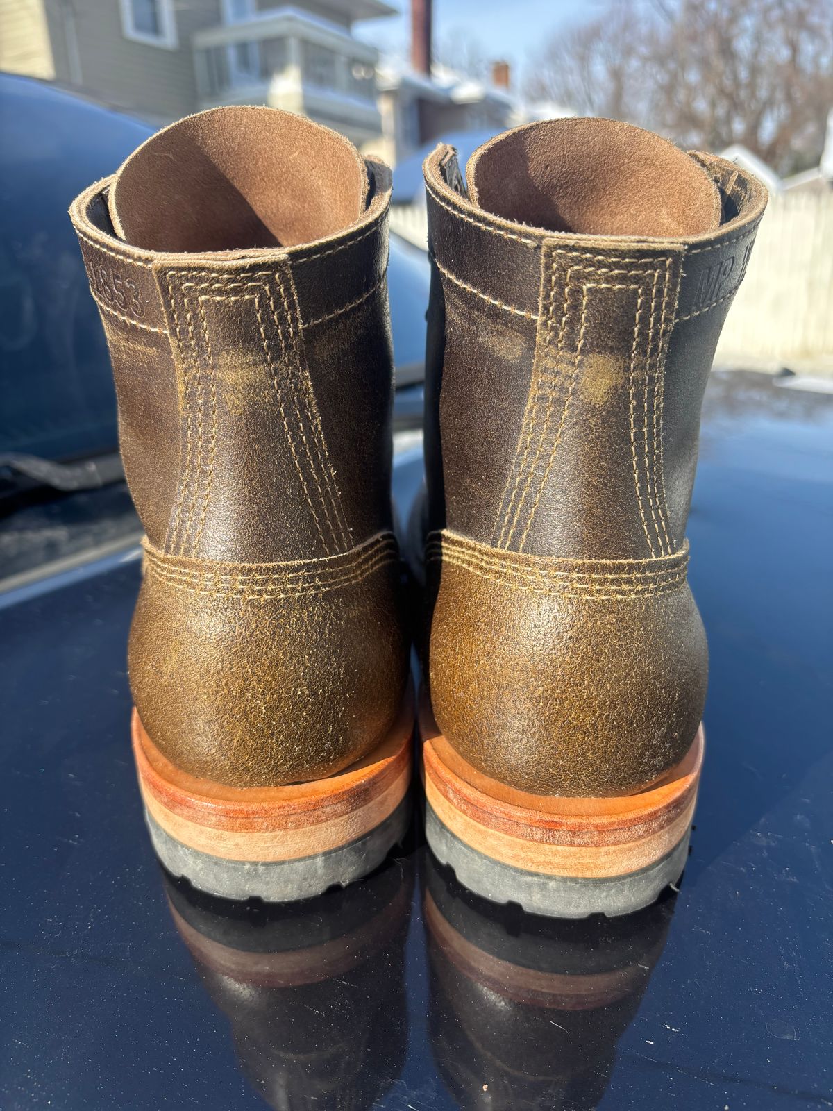Photo by ZFitzGolf on December 1, 2025 of the White's MP-Sherman Toe Cap in Horween Olive Waxed Flesh.