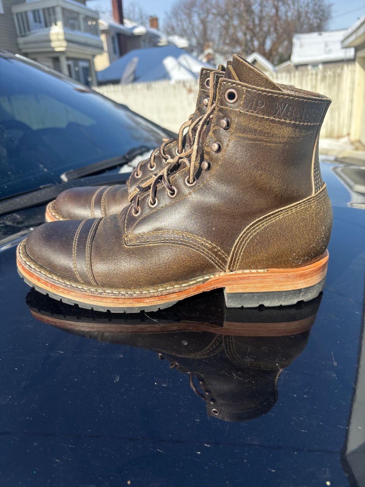 Photo by ZFitzGolf on December 1, 2025 of the White's MP-Sherman Toe Cap in Horween Olive Waxed Flesh.