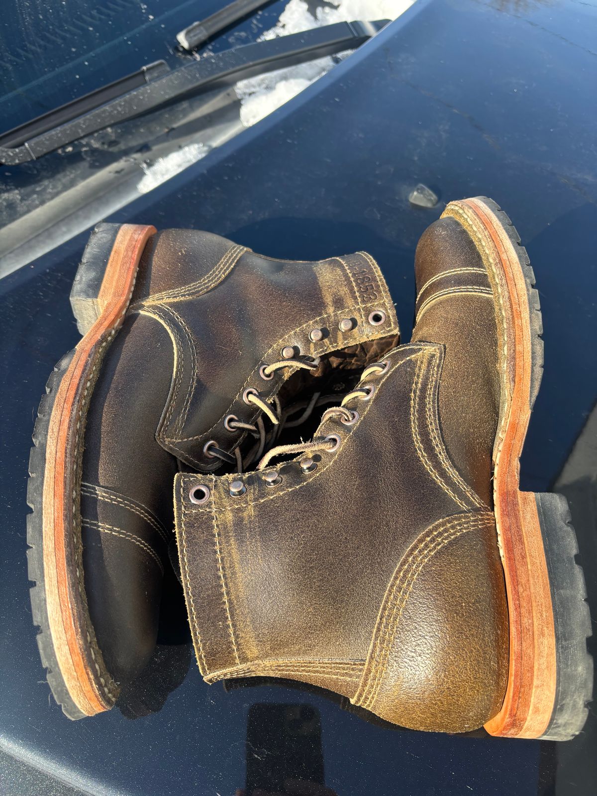 Photo by ZFitzGolf on December 1, 2025 of the White's MP-Sherman Toe Cap in Horween Olive Waxed Flesh.