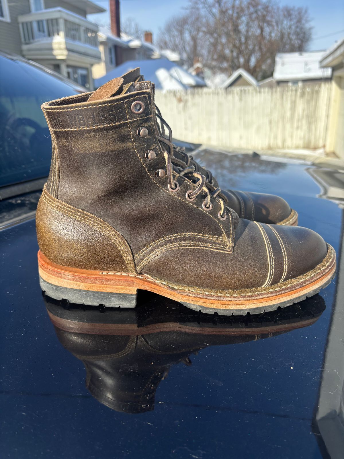 Photo by ZFitzGolf on December 1, 2025 of the White's MP-Sherman Toe Cap in Horween Olive Waxed Flesh.