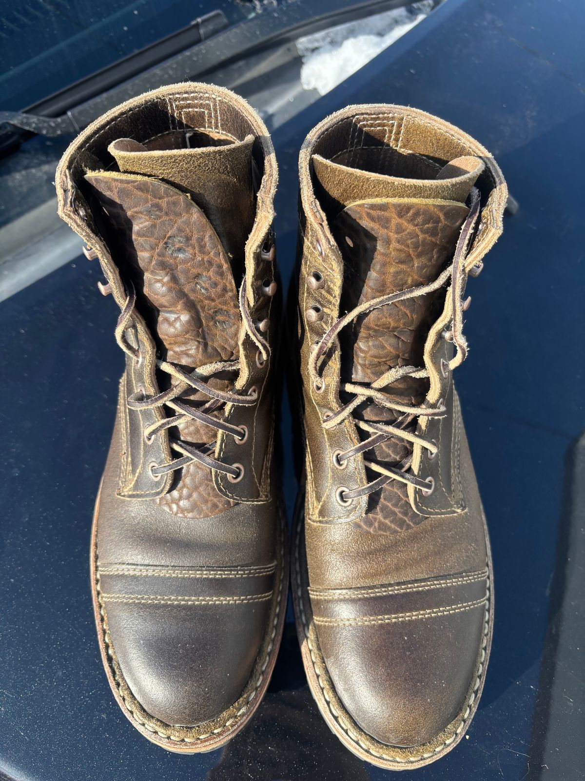 Photo by ZFitzGolf on December 1, 2025 of the White's MP-Sherman Toe Cap in Horween Olive Waxed Flesh.
