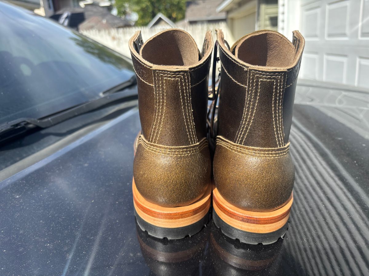Photo by ZFitzGolf on October 1, 2025 of the White's MP-Sherman Toe Cap in Horween Olive Waxed Flesh.