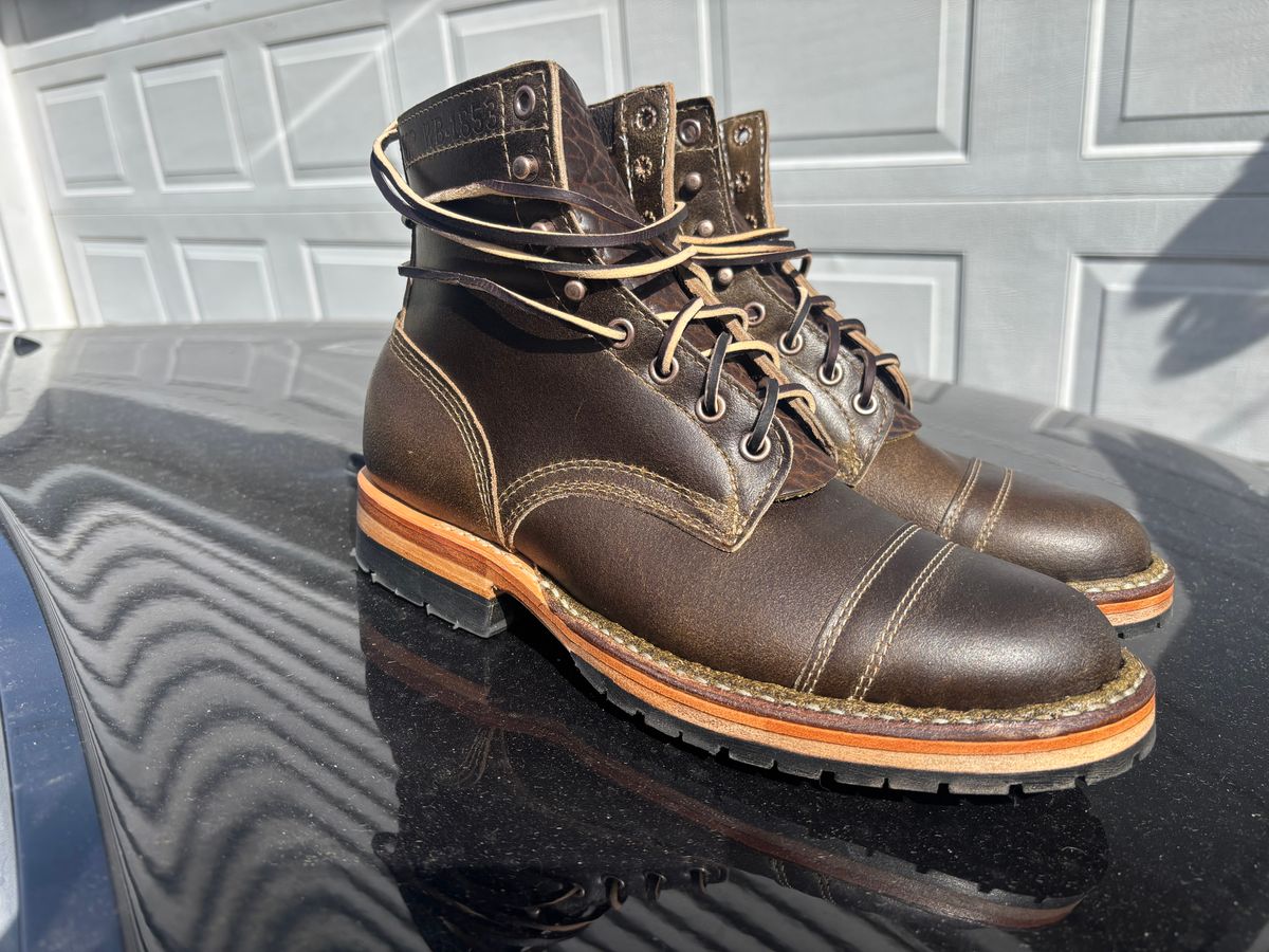 Photo by ZFitzGolf on October 1, 2025 of the White's MP-Sherman Toe Cap in Horween Olive Waxed Flesh.
