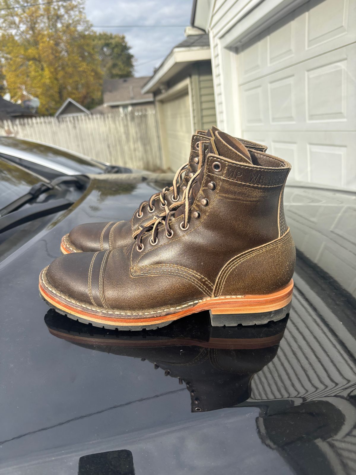 Photo by ZFitzGolf on November 1, 2025 of the White's MP-Sherman Toe Cap in Horween Olive Waxed Flesh.
