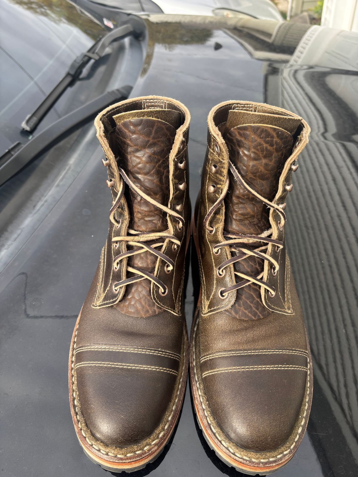 Photo by ZFitzGolf on November 1, 2025 of the White's MP-Sherman Toe Cap in Horween Olive Waxed Flesh.