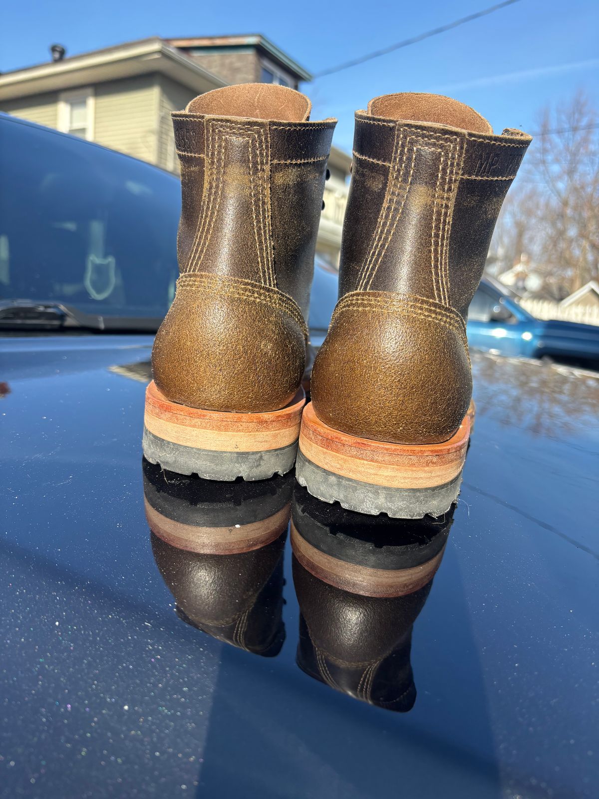 Photo by ZFitzGolf on January 5, 2026 of the White's MP-Sherman Toe Cap in Horween Olive Waxed Flesh.